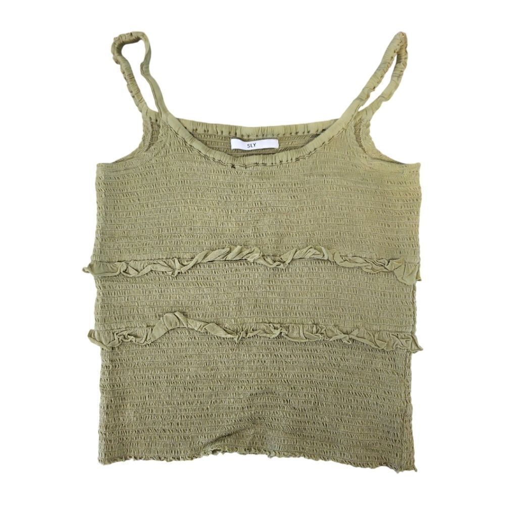 SLY Shirred Bodice with Tiered Ruffles Thin Straps Cami Top Sage Green Size Free